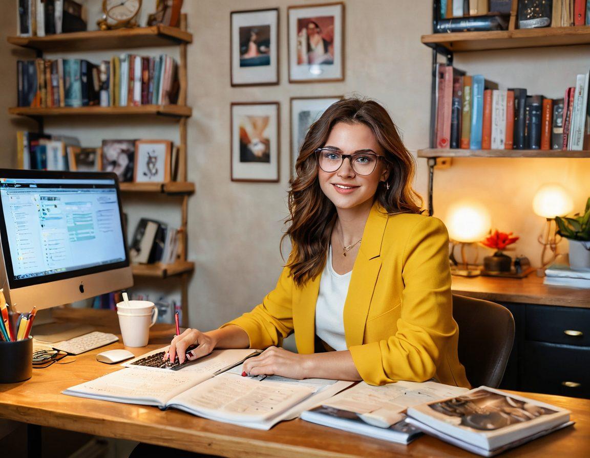 A confident female creator sitting at a stylish desk surrounded by vibrant blog planning materials, with a glowing laptop displaying a successful blog dashboard. In the background, shelves filled with books about blogging and creativity, framed motivational quotes, and tasteful adult industry artifacts. Soft, warm lighting enhances the inviting atmosphere, inviting female readers to explore their creativity. super-realistic. vibrant colors. cozy atmosphere.