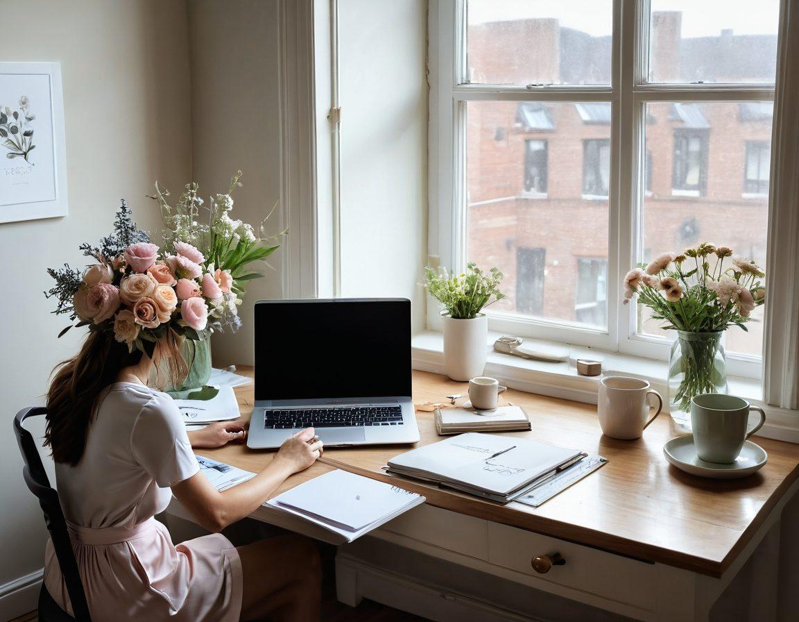 A cozy workspace with a stylish desk adorned with a laptop, a cup of herbal tea, and a beautifully arranged bouquet of flowers. Soft natural light filters through a window, illuminating personal mementos and inspiring quotes on the wall. A female creator in a relaxed pose, jotting down ideas in a chic notebook, conveying warmth and creativity. The scene exudes a sense of connection and authenticity essential for lifestyle blogging. soft pastel colors. super-realistic.