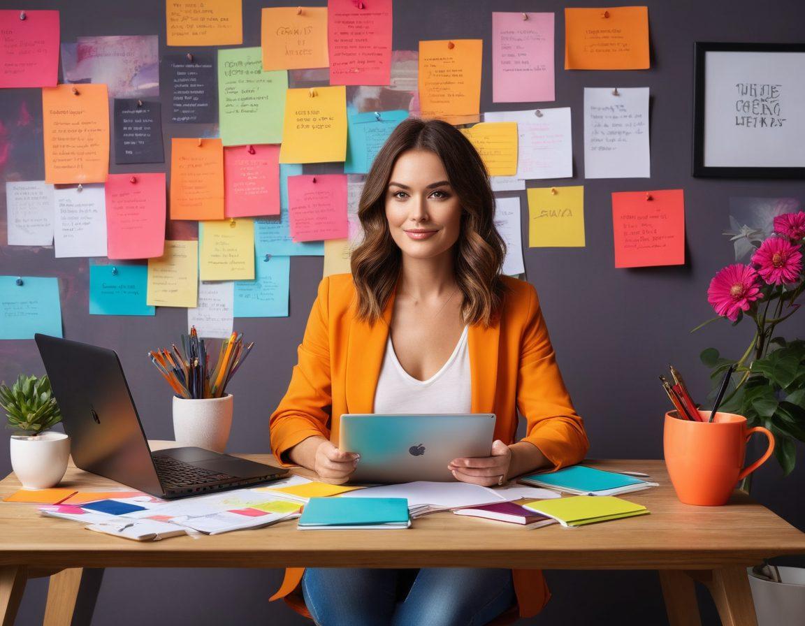 A confident woman sitting at a stylish desk, writing on a laptop, surrounded by colorful notes and a trendy coffee cup. The background features a wall adorned with inspirational quotes and images related to the adult industry. She has a bold fashion style, blending elegance and creativity. The overall atmosphere is empowering and vibrant, showcasing the journey from basics to trendsetting. super-realistic. vibrant colors. modern style.